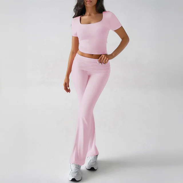 Sports Navel T shirt Long Pants Suit Women's Clothing Pink - Shop at LoveMi