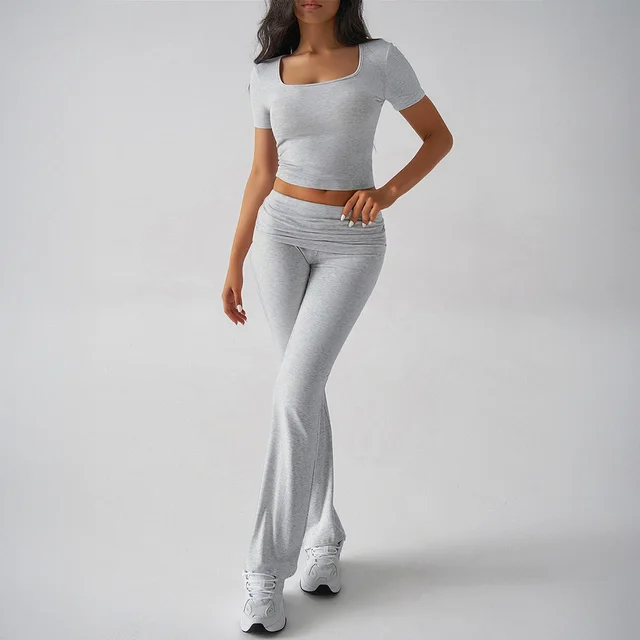 Sports Navel T shirt Long Pants Suit Women's Clothing White Flower Gray - Shop at LoveMi