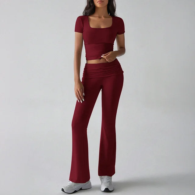 Sports Navel T shirt Long Pants Suit Women's Clothing Wine Red - Shop at LoveMi