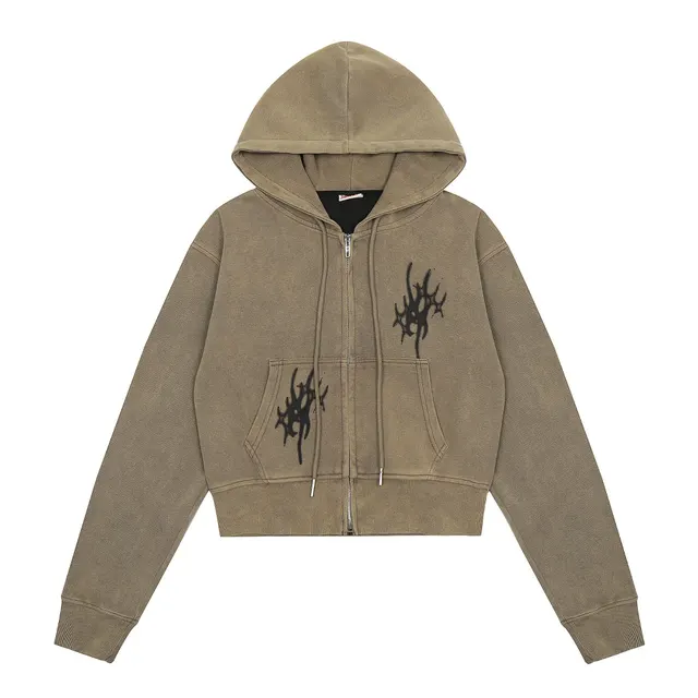 Retro Personalized Distressed Zipper Cardigan Hoodie Gray Brown - Shop at LoveMi