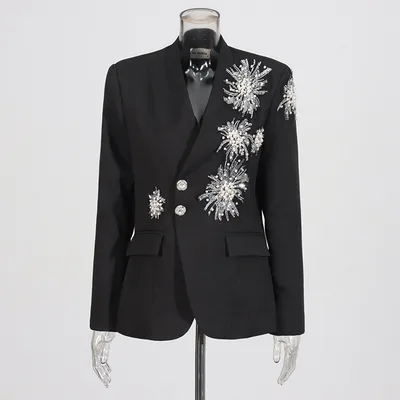 Rhinestone Design Solid Color Suit Coat For Women Black - Shop at LoveMi