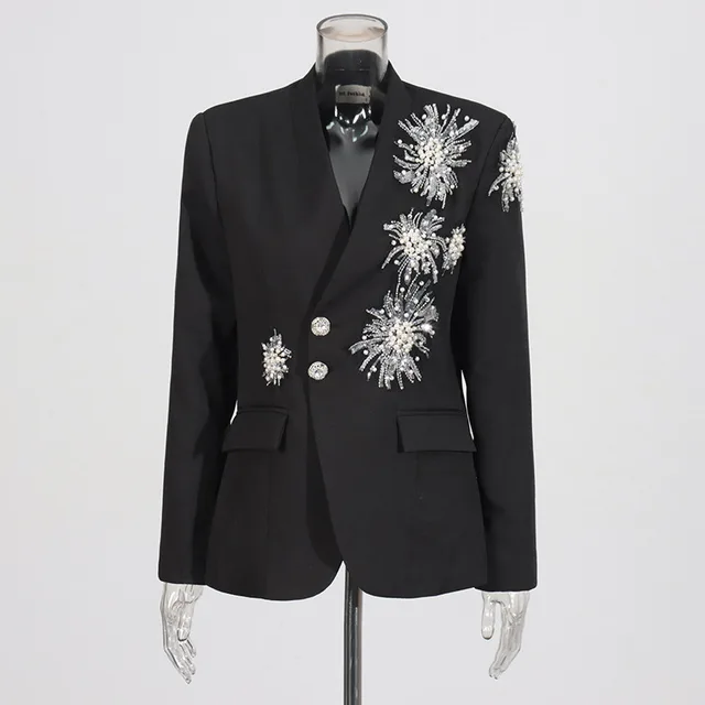 Rhinestone Design Solid Color Suit Coat For Women Black - Shop at LoveMi