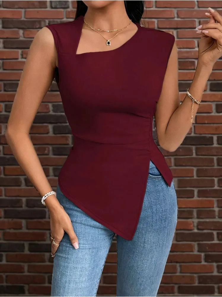 Irregular Women's T shirt Diagonal Collar Sleeveless Purplish Red - Shop at LoveMi