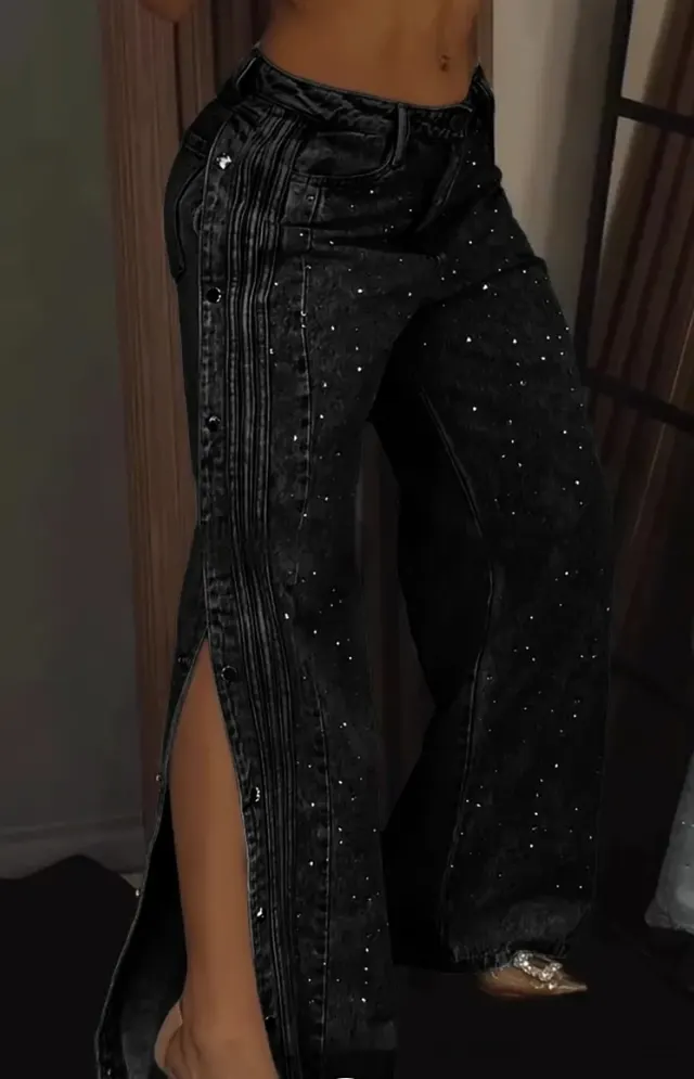 Button Polyester Rhinestone Fashion Jeans Black - Shop at LoveMi