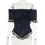 New Lace Off-shoulder Tassel Top For Women - Black Top