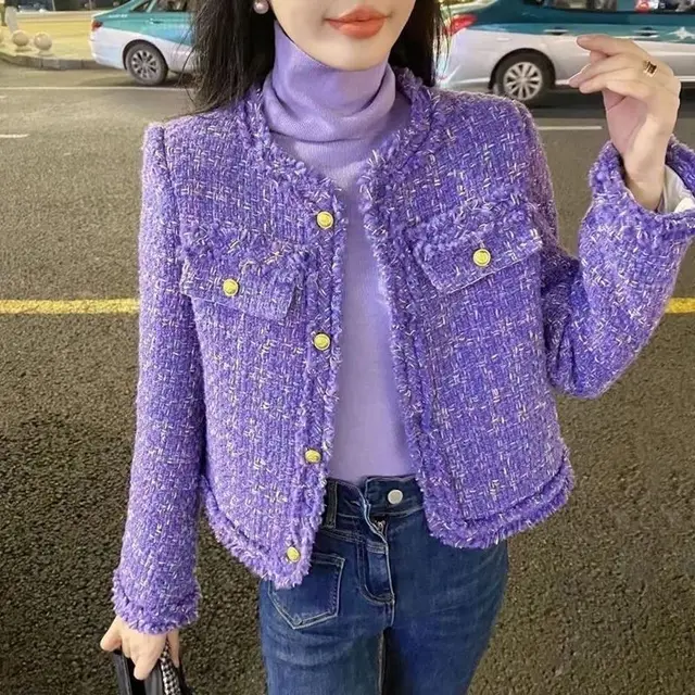 Quilted Lining Coarse Flower Short Woolen Coat Purple Quilted Lining - Shop at LoveMi