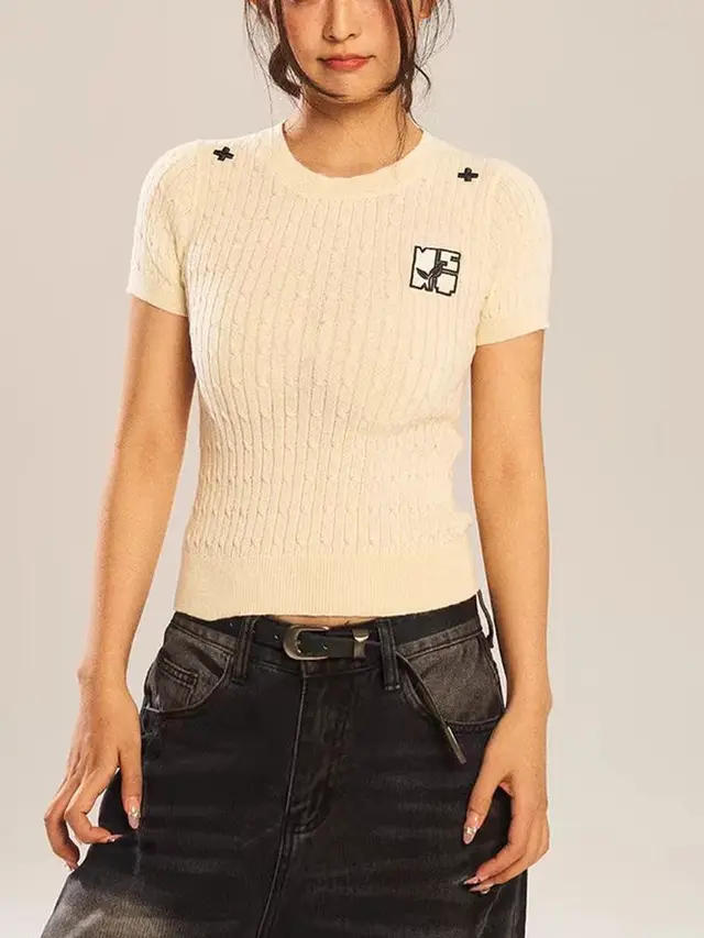 Embroidered Crew Neck Summer Knitted Shirt Short Sleeve Women Beige - Shop at LoveMi