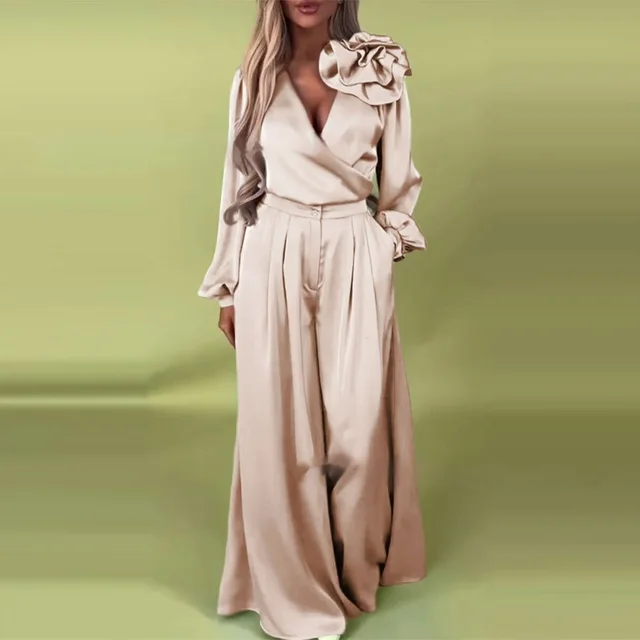 Women's Luxury Elegant V neck Satin Long Sleeve Top Wide Leg Pants Suit Pink - Shop at LoveMi