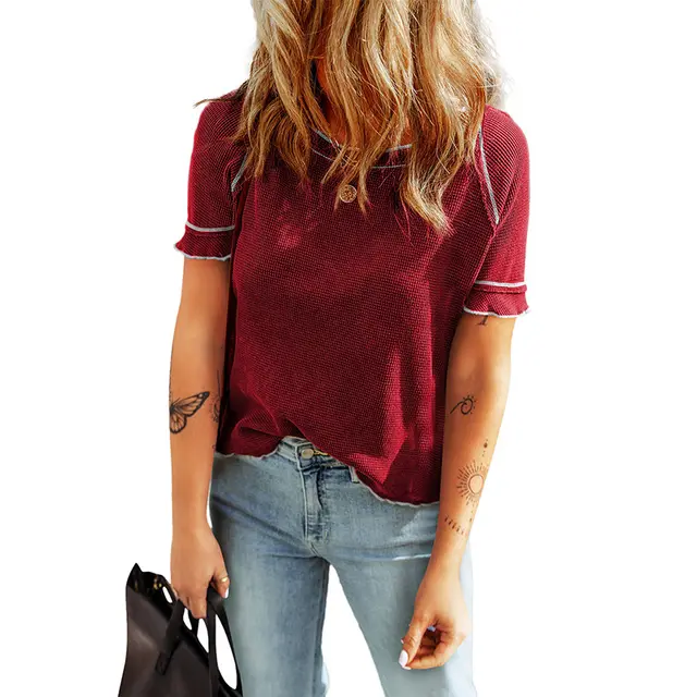 Women's Solid Color Waffle Knitted Pullover Lc25224042P403 - Shop at LoveMi