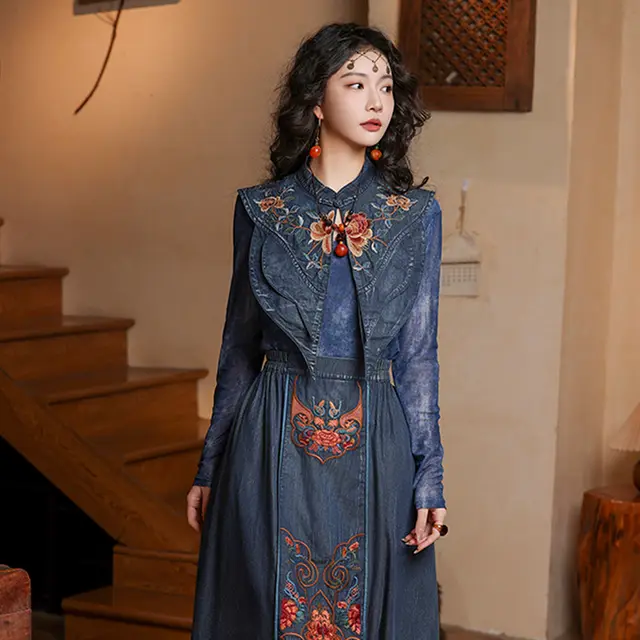 Retro Ethnic Machine Embroidery Denim Cloud Shoulder Tannin - Shop at LoveMi