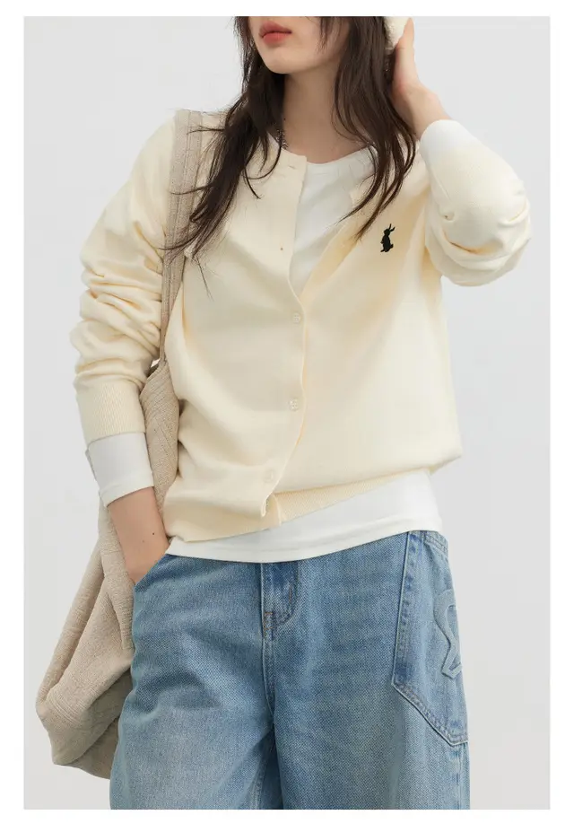 Autumn New Simple Solid Color Embroidered Knitted Cardigan Sweater Apricot - Shop at LoveMi