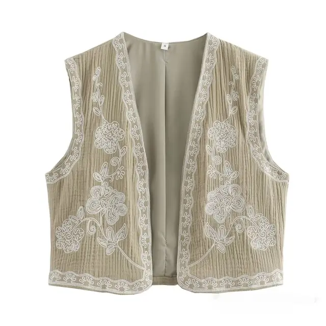 French Design Fashionable Casual Style All match Two color Embroidered Vest Khaki - Shop at LoveMi