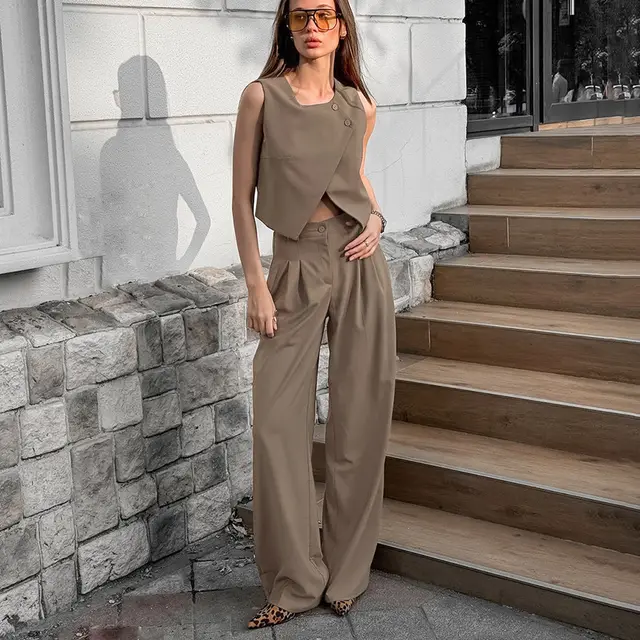 Sleeveless Vest High Waist Pants Suit Khaki - Shop at LoveMi