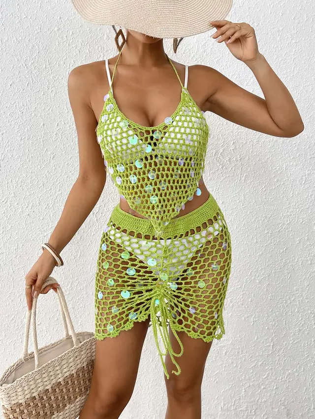 Women's Vacation Beach Suit Sequin Stitching Bikini Two piece Set Blouse Green - Shop at LoveMi
