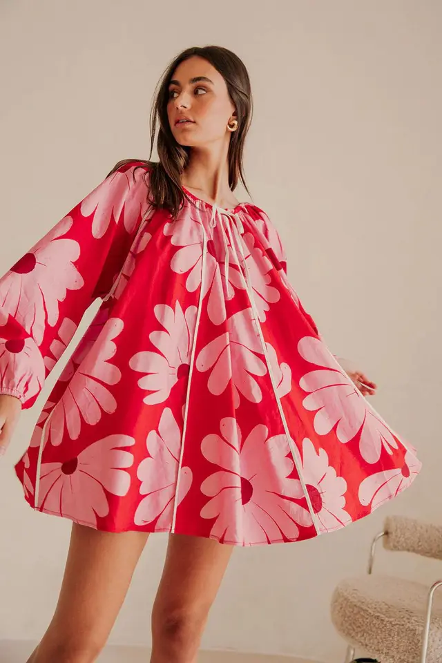 European And American Printed Lantern Sleeve A Line Collar Lace up Top Pink - Shop at LoveMi