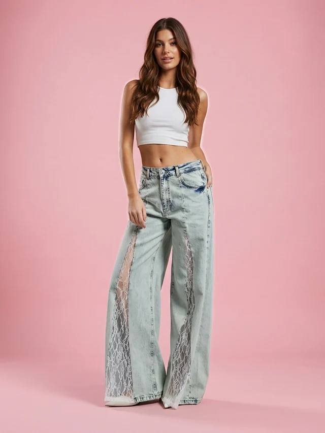 Street Lace Stitching Skinny Jeans Zy4889 Light Blue - Shop at LoveMi