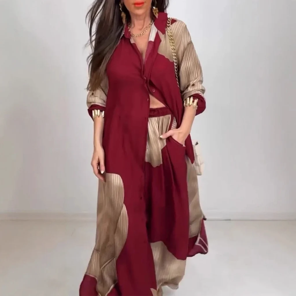 European And American Three-quarter Sleeve Printed Top And Pants Commute Leisure Suit - Dark Red