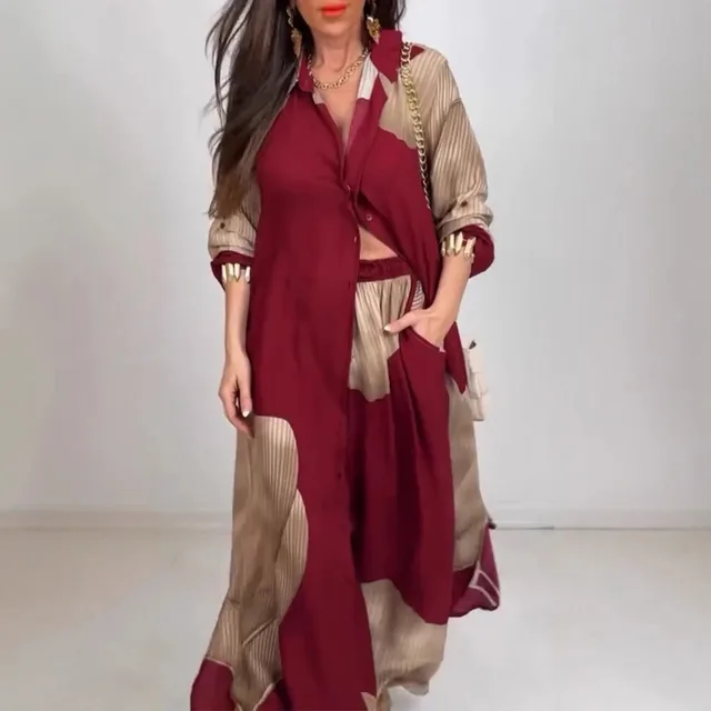 European And American Three quarter Sleeve Printed Top And Pants Commute Leisure Suit Dark Red - Shop at LoveMi