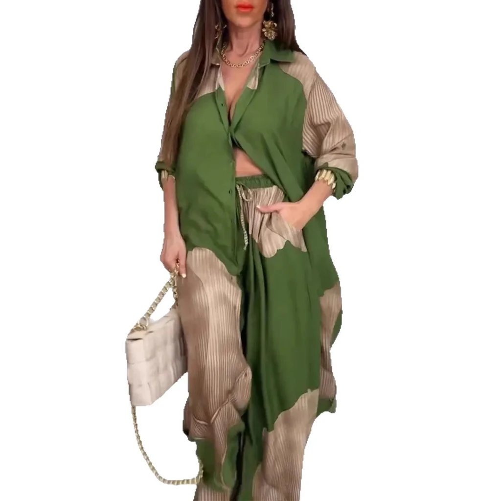 European And American Three-quarter Sleeve Printed Top And Pants Commute Leisure Suit - Green