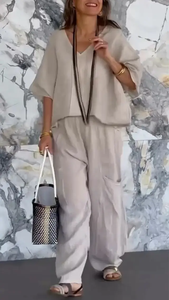 European And American Ladies Casual V neck Loose Pockets Half Sleeve Cotton And Linen Suit Light Gray - Shop at LoveMi