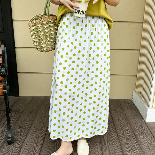 Women's Loose Sweet Cotton Silk Skirt Green Dots - Shop at LoveMi