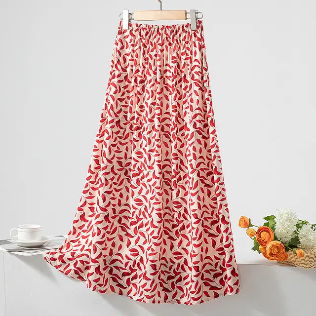 Women's Loose Sweet Cotton Silk Skirt Pink Red Shirt Leaf - Shop at LoveMi