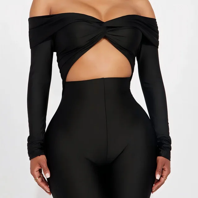 Women's V neck Long Sleeve Top High Waist Jumpsuit Black - Shop at LoveMi