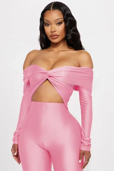 Women's V neck Long Sleeve Top High Waist Jumpsuit Pink - Shop at LoveMi