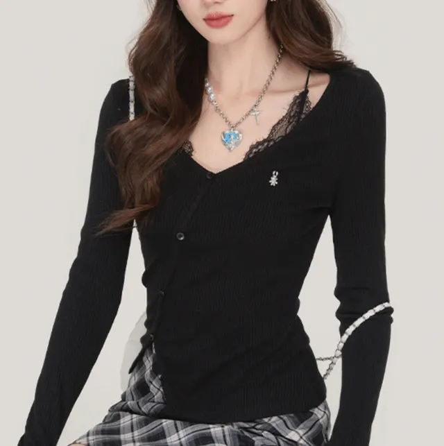 Purple Pure Desire Fake Two piece Lace Long sleeved T shirt For Women Black - Shop at LoveMi