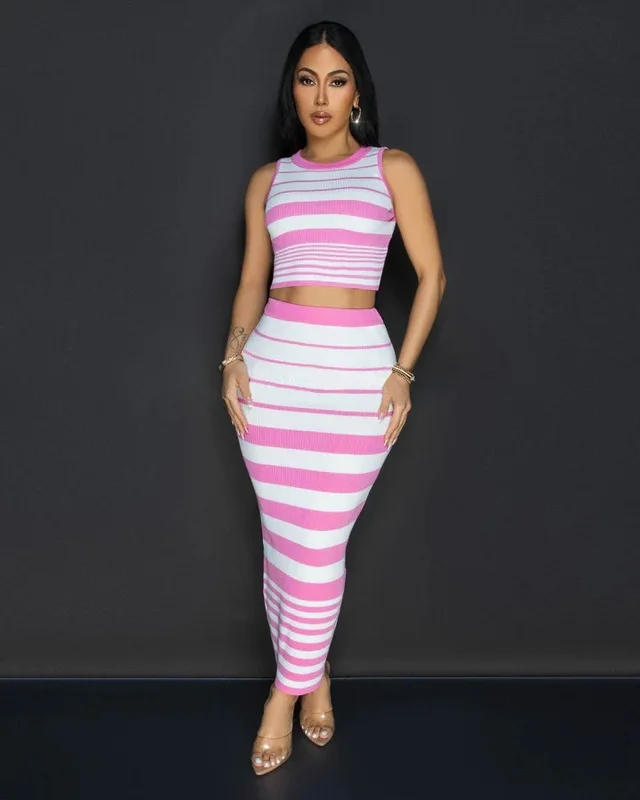 Design Striped Vest Hip Skirt Suit Pink - Shop at LoveMi