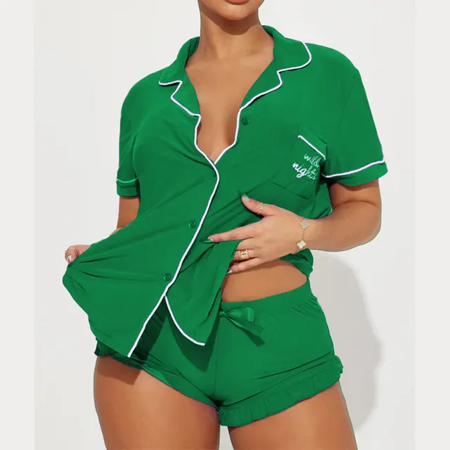 Women's Comfortable Pajamas Short sleeved Pocket Letters Green - Shop at LoveMi