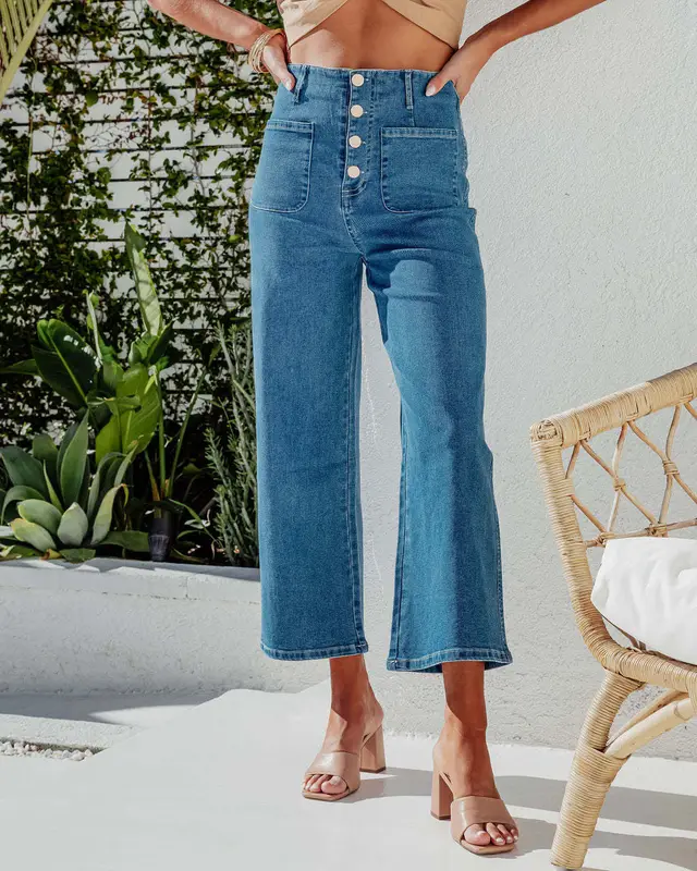 Retro Loose Straight Single Row Ornament High Waist Wide Leg Women's Jeans Lake Blue - Shop at LoveMi