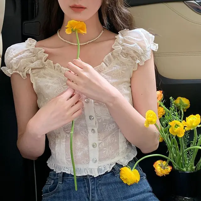 Vintage Crocheted Ruff Collar Breasted Puff Sleeve Short Sleeve Shirt For Women Apricot - Shop at LoveMi