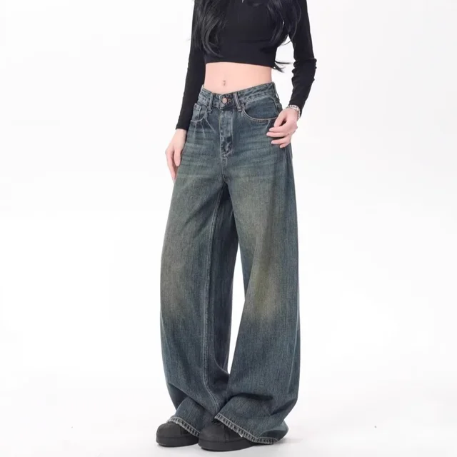 High Waist Drooping Versatile Mop Pants Wide Leg Jeans 104 Vintage Blue - Shop at LoveMi