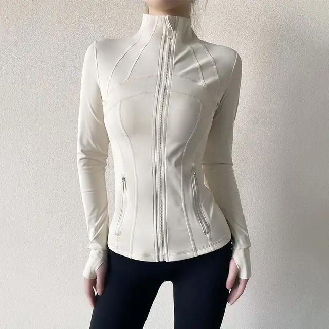 Yoga Clothes Coat Zipped Stand Collar Slim Fit Slimming Sports Top Cream White - Shop at LoveMi