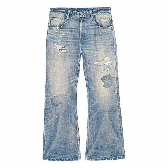 Washed Blue Patch Color Wire track Flared Jeans Washed Blue - Shop at LoveMi