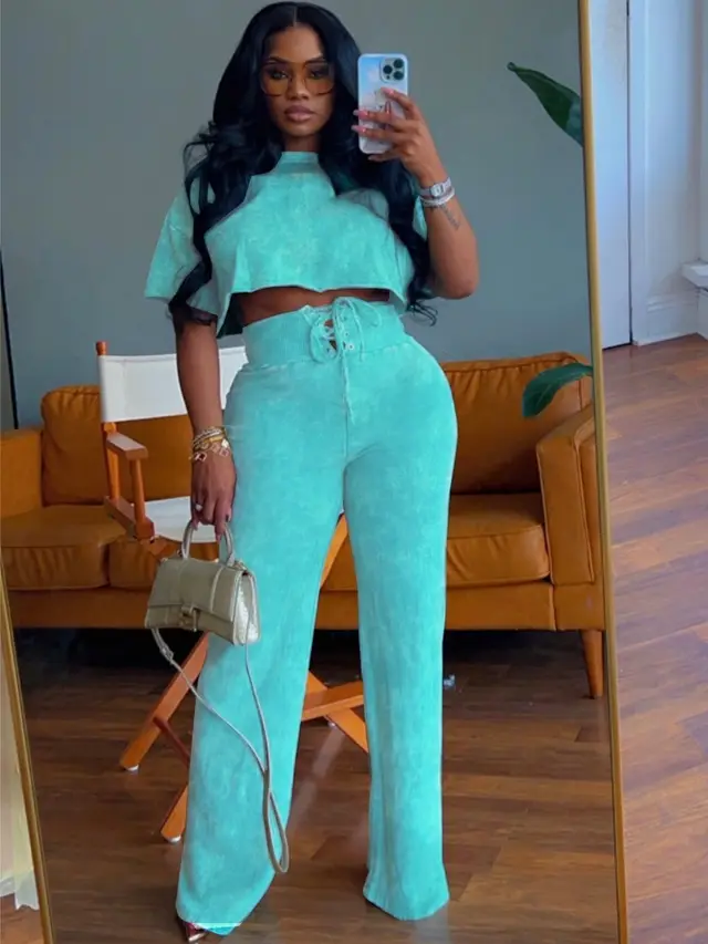 European And American Leisure Commuter Daily Tie dyed Short Women's Round Neck Top Lace up Two piece Pants Sky Blue - Shop at LoveMi