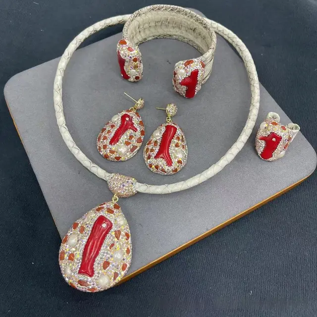 New Genuine Leather Snakeskin Sea Bamboo Inlaid Pearl Autumn And Winter Four piece Jewelry Set Red Gravel - Shop at LoveMi