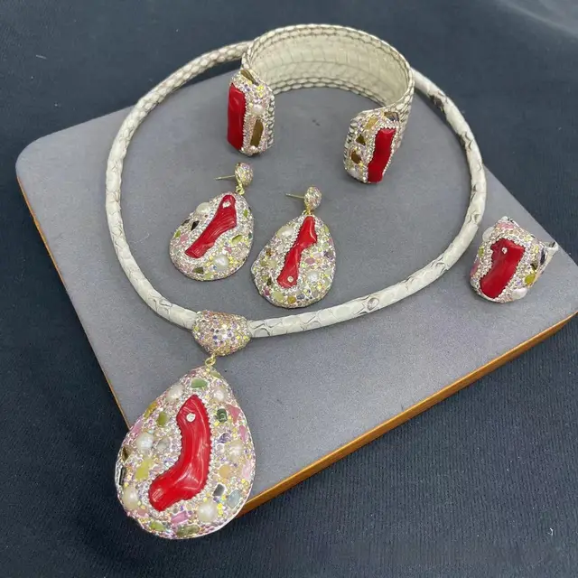 New Genuine Leather Snakeskin Sea Bamboo Inlaid Pearl Autumn And Winter Four piece Jewelry Set Tourmaline Gravel - Shop at LoveMi