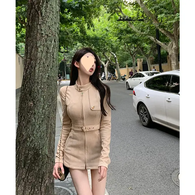 Stand Collar Air Layer Slim Suede Belt Waist controlled Long Sleeves Coat For Women Milk Tea Color - Shop at LoveMi