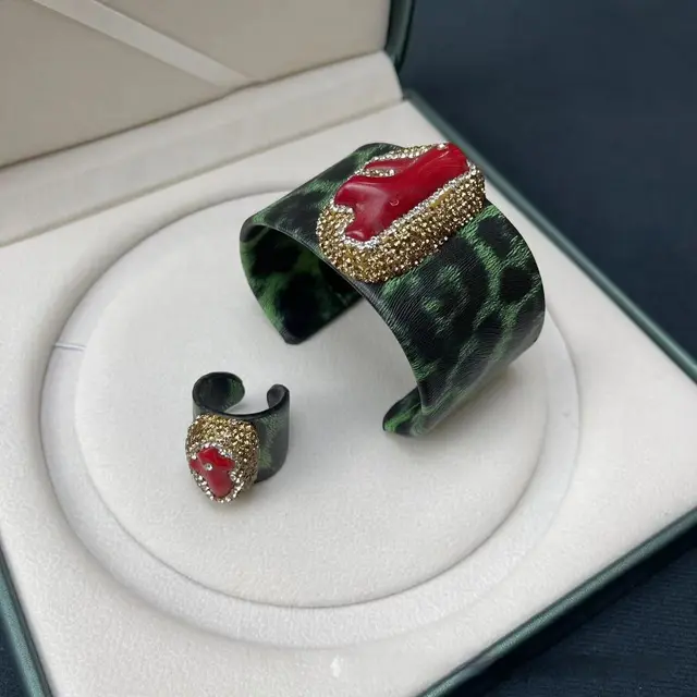 New Leoprad Print Leather Inlaid Natural Red Branches Bracelet & Ring Set Green - Shop at LoveMi