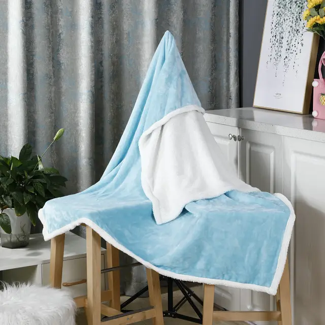 Creative Cartoon Christmas Printing Double layer Thickened Thermal Flannel Blanket Solid Color Light Blue - Shop at LoveMi