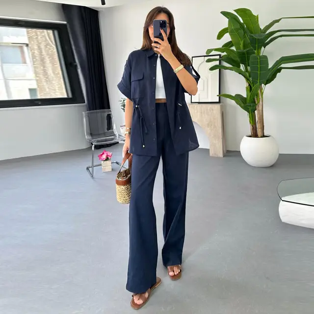 Women's Casual Drawstring Top All matching Trousers Two piece Suit Dark Blue - Shop at LoveMi