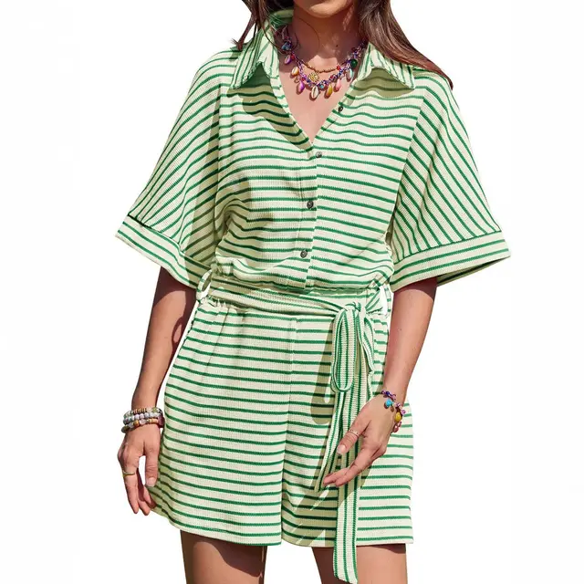 Casual Striped Jumpsuit Short Sleeve Buckle Shorts Romper Green - Shop at LoveMi