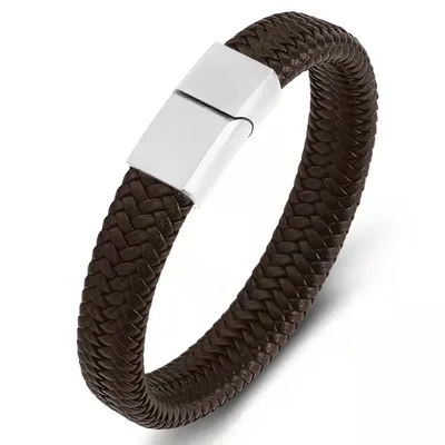 Leather Cord Bracelet Authentic Leather Weave Brown Leather Steel 21Cm - Shop at LoveMi