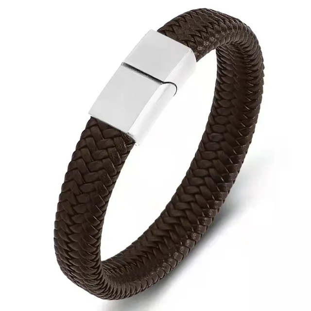 Leather Cord Bracelet Authentic Leather Weave Brown Leather Steel 21Cm - Shop at LoveMi