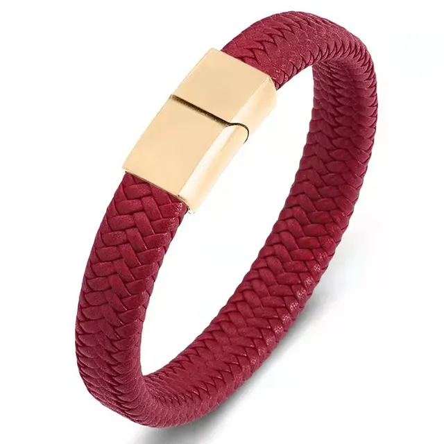 Leather Cord Bracelet Authentic Leather Weave Red Leather Gold 19Cm - Shop at LoveMi