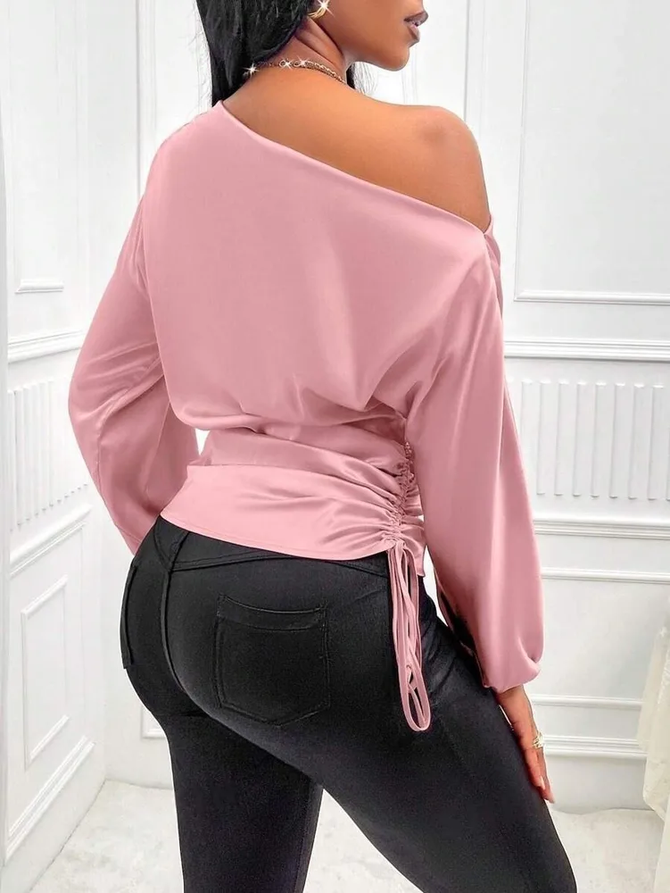 Women's Satin Shirt Asymmetric Long Sleeve Diagonal Collar Shirt Top Pink - Shop at LoveMi