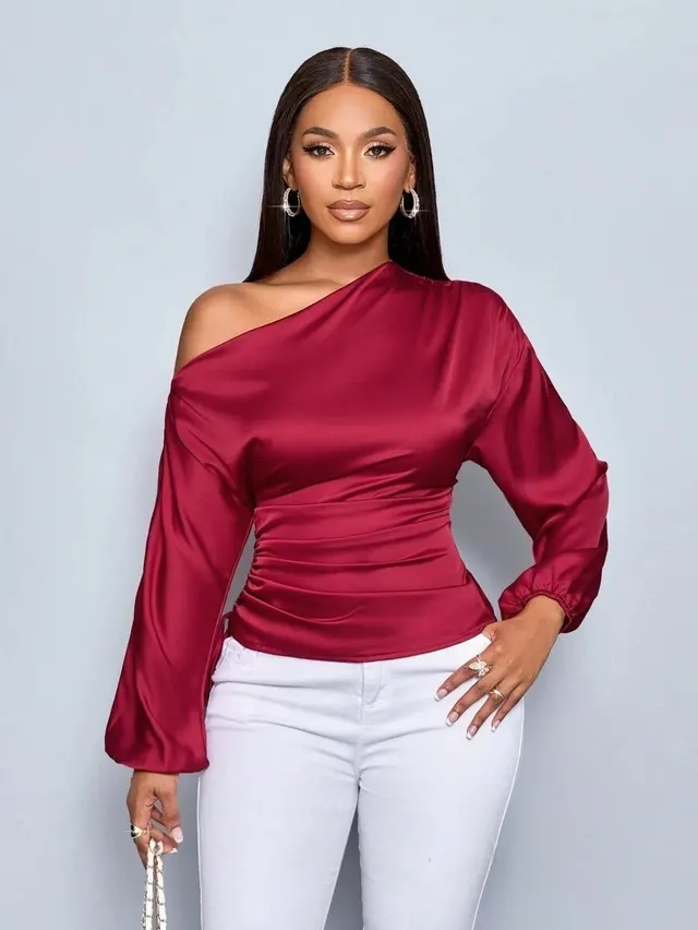 Women's Satin Shirt Asymmetric Long Sleeve Diagonal Collar Shirt Top Red - Shop at LoveMi