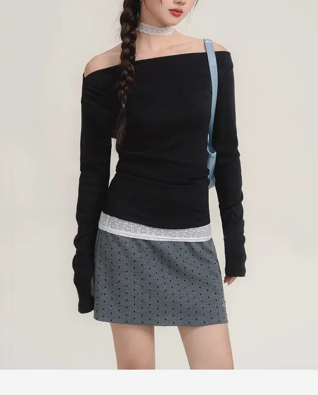 Women's Fake Two piece Lace Off shoulder Long sleeved T shirt Black - Shop at LoveMi